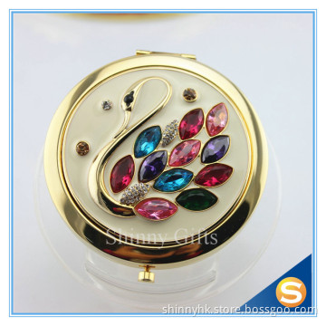 2016 Shinny Gifts Peacock Design Rhinestone Small Metal Mirror For Craft Crystal Round Shape Pocket Mirror
